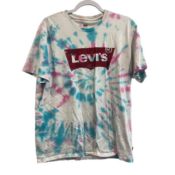 Levi's Tops - Vintage Levi's Women's XL Tie-Dye Tee White Pink Blue Front Logo Short Sleeve